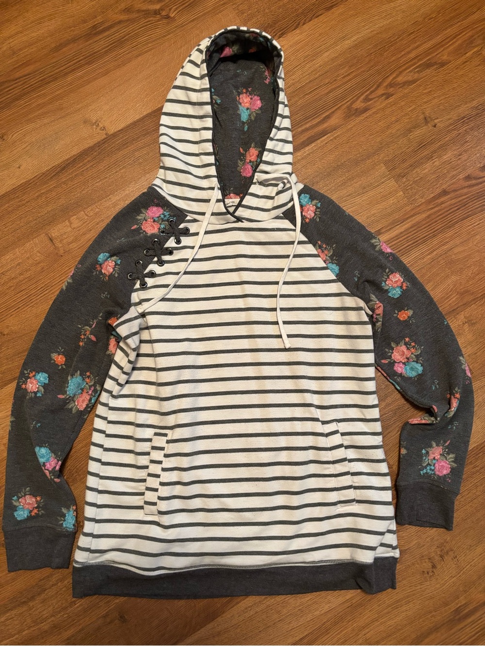 Maurices Hooded Pullover with Floral Lined Hood and Stripes